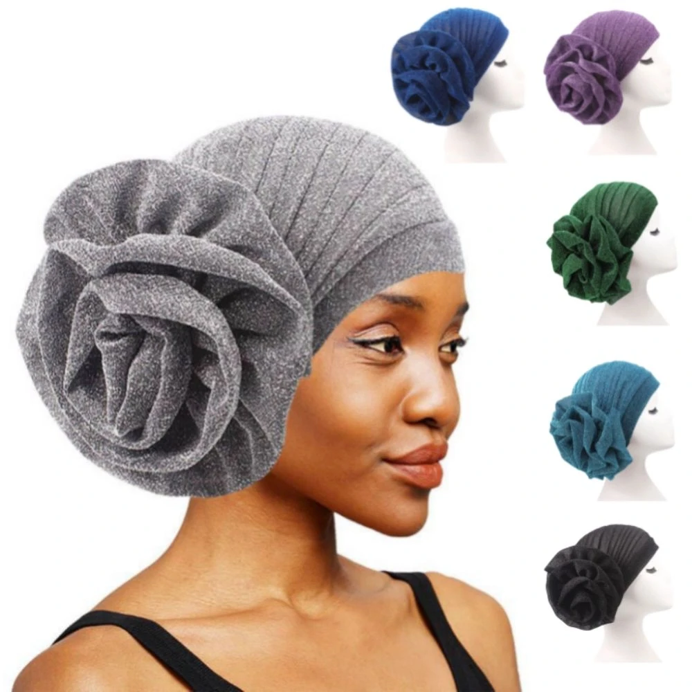 Raw Silk African Turban Caps Big Rose Flower Breathable Head Wraps Lightweight Headwear Nigerian Wedding Geles Party Headgear