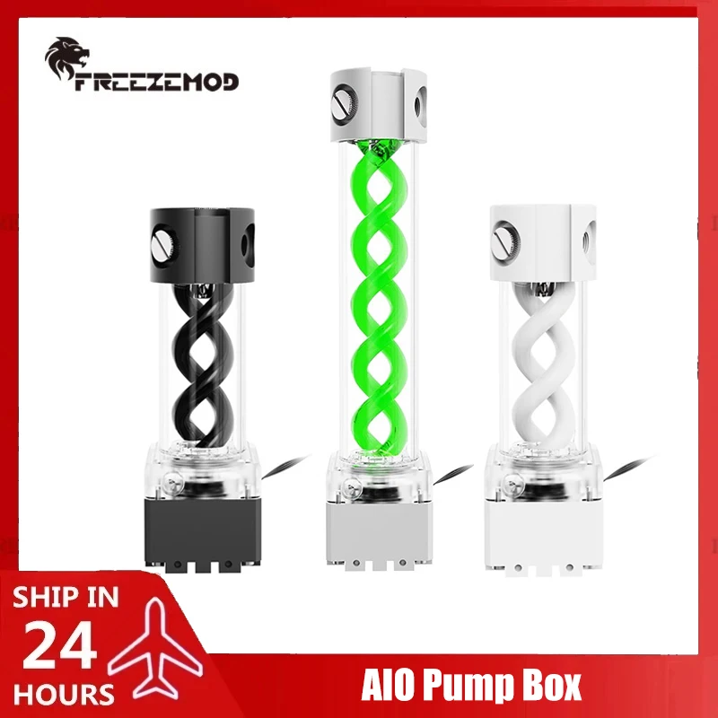 FREEZEMOD Water Cooling AIO Pump Box Reservoir, Aluminum+PMMA Body+DNA Spiral 200mm 300mm Length,Black/Silver/White PUB-FS6MB