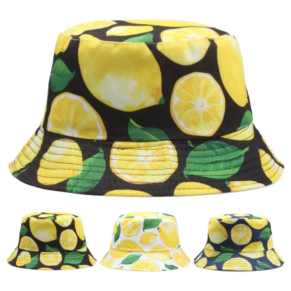 Fashion Sun Protection Bucket Hat Foldable Breathable Fisherman Hat Beach Leaf Lemon Printing Summer Sunshade Cap for Men Women