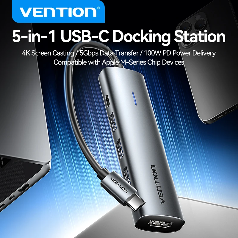 

Vention 5 in 1 USB C Hub to 4K HDMI PD 100W Multiport Adapter for Laptop MacBook iPad Pro iPhone 16/15 USB 3.0 Docking Station