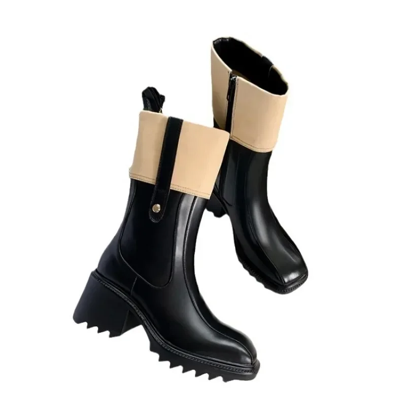 Side Zipper Winter Women Boot  New Vintage High Heel Mid Sleeve Boot Coarse Heel Leather Boot Luxury Designer Shoe Women Shoe