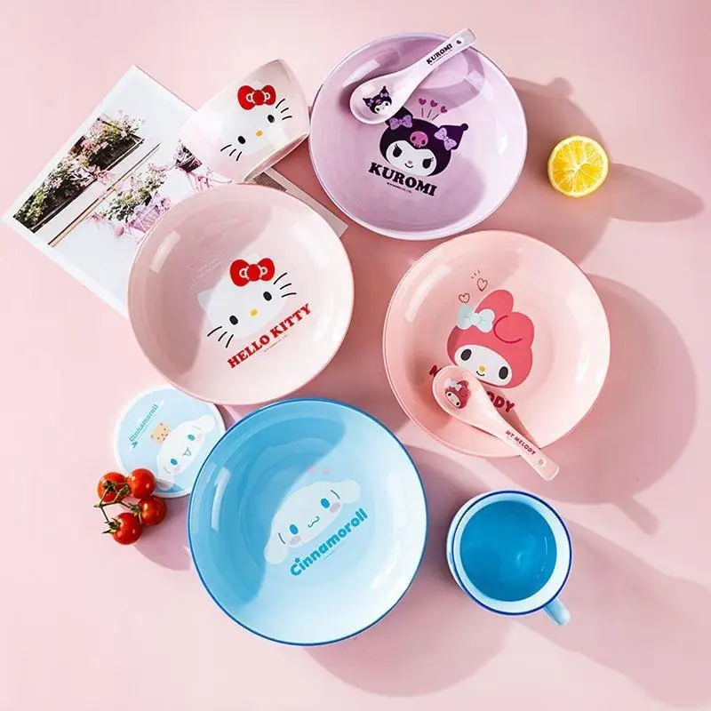 Sanrio Hello Kitty Tableware Kawaii Kuromi My Melody Cinnamoroll Ceramic Household Large Capacity Cartoon Cute Bowl Spoon Plate