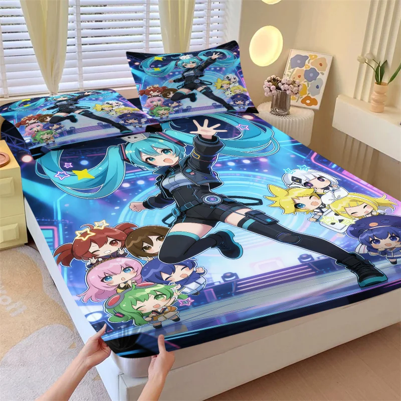 3ピースセット-初音ミク＆vocaloidファミリーコンサートフィットシーツセット-acgファン向け寝室装飾-ソフトディープポケット滑り止めマットレスプロテクター