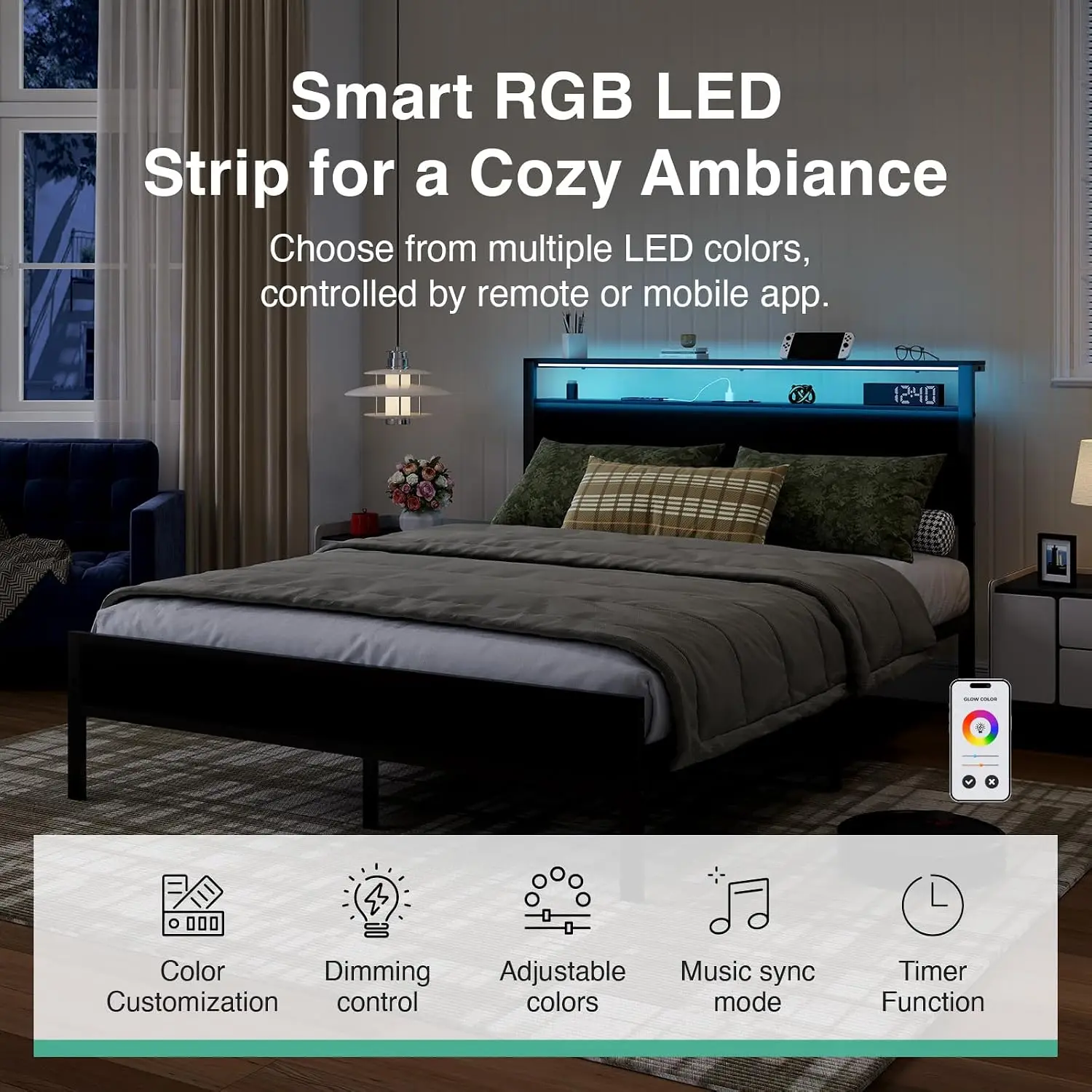 Queen Size Metal Platform Bed Frame with Charging Station and LED Lights, 2-Tier Storage Headboard, Smart Music Sync, No Box Spring Required, Easy to Assemble, Black - view 5