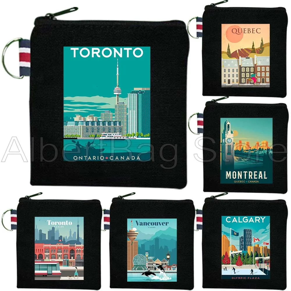 

Travel Toronto Montreal Quebec Vancouver Canada Art Cityscape Canvas Coin Purse Square Key Storage Card Bag Cotton Wallet Pouch