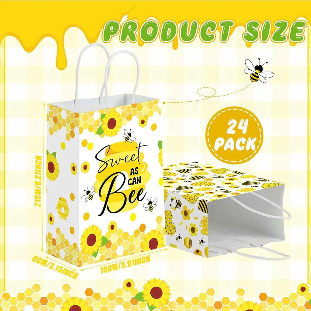 24pcs Cute Bee Kraft Paper Bag Recyclable Festival Gift Shopping Packaging Bags Sweet Honey Birthday Party Supplies