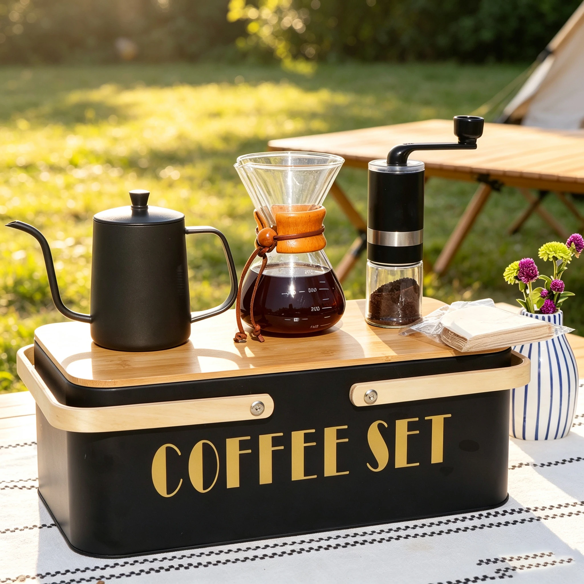 SOTECH Black Handle Wooden-Box Coffee Set Iron Box Coffee Brewing Kit Classic Design for Coffee Lovers