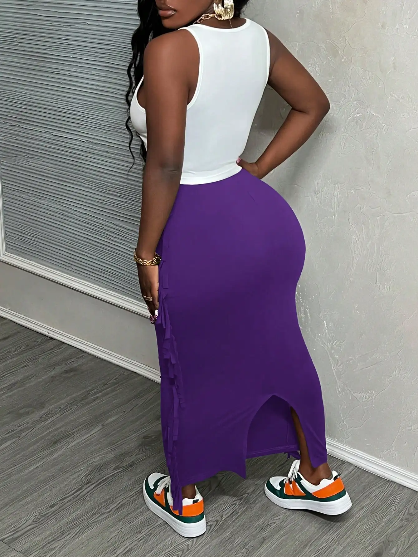 여름 하와이 프린트 탱크탑 & 퍼플 프린지 스커트 여성 투피스 세트