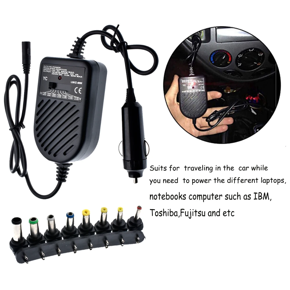 DC Power Adapter, Universal Car Laptop Charger, 80W Adjustable Multifunction Notebook Charger, with 8 DC Plug Heads