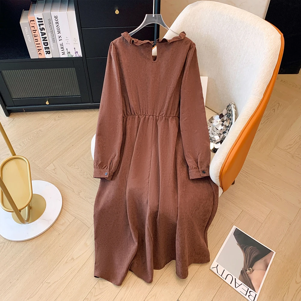 Plus-size women's spring and autumn loose comfortable casual commuter fashion coffee color elastic waist long sleeve long dress