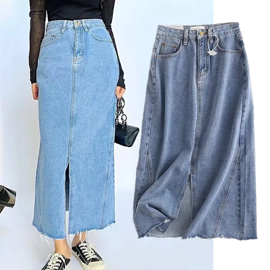 Withered 2024 England Style High Wasit Straight Denim Skirt Women High Street Retro Long Skirt Sexy Forking Midi Skirt Women