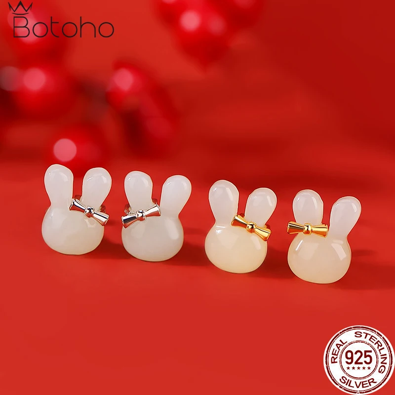 S925 Sterling Silver Gold-plated Hetian Jade Ear Studs Lifetime Jade Rabbit Bow Knot Ear Studs Cute Soft Cute Rabbit Earrings