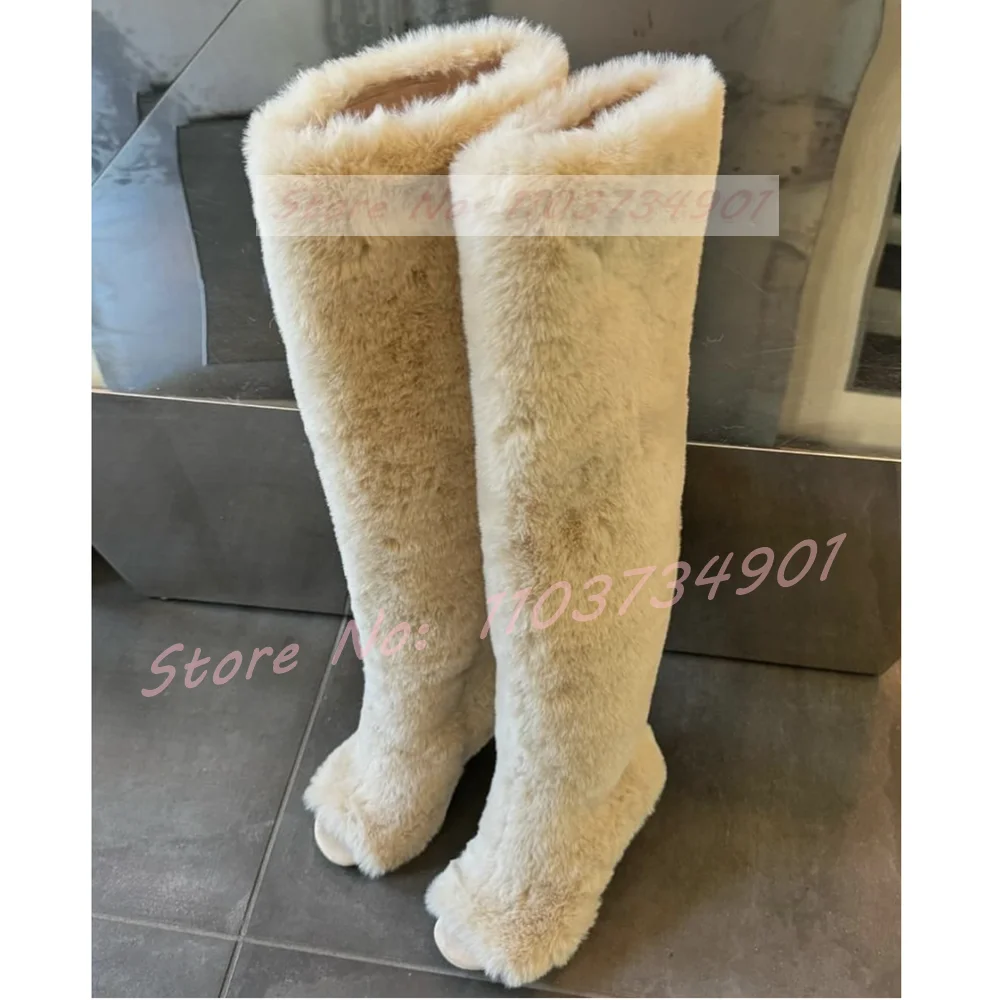 Open Toe Over The Knee Boots Women Big Size Fashion Slip-On Fluffy Furry Warm Comfortable High Heels Shoes Lady Nifty Sexy Boots