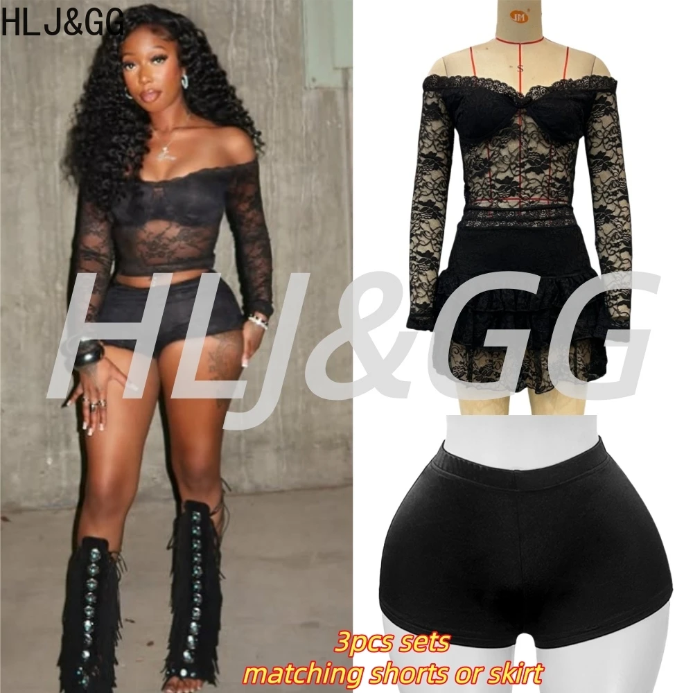 

HLJ&GG сексуальный кружевной прозрачный комплект из 3 предметов с рюшами, женский тонкий укороченный топ с v-образным вырезом и длинными рукавами, шорты или юбка, уличная одежда 2025