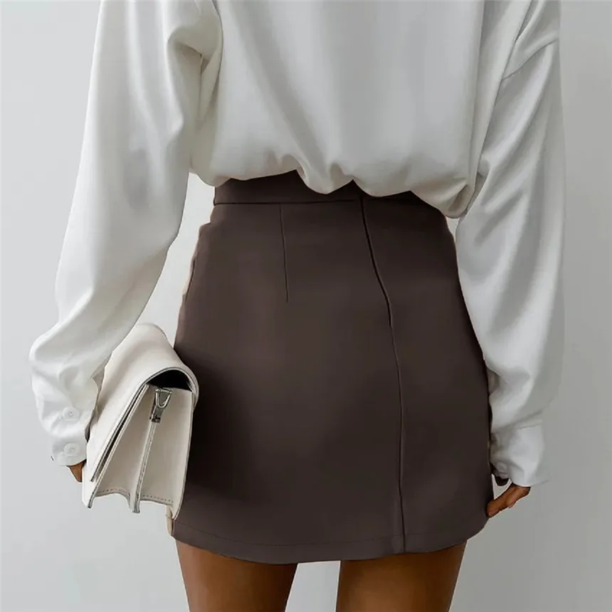 Aliunique 2026 New Women Khaki High Waist A-Line Skirt Elegant Button Decor Asymmetrical Hem Mini Skirt Casual Office Work Skirt