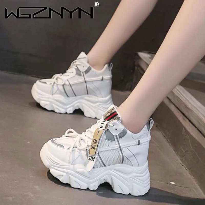 

Brand 2024 Autumn Breathable Mesh Sneakers Hidden Increasing Sport Shoes Woman Wedge Casual Chunky Shoes High Platform Shoes 9CM