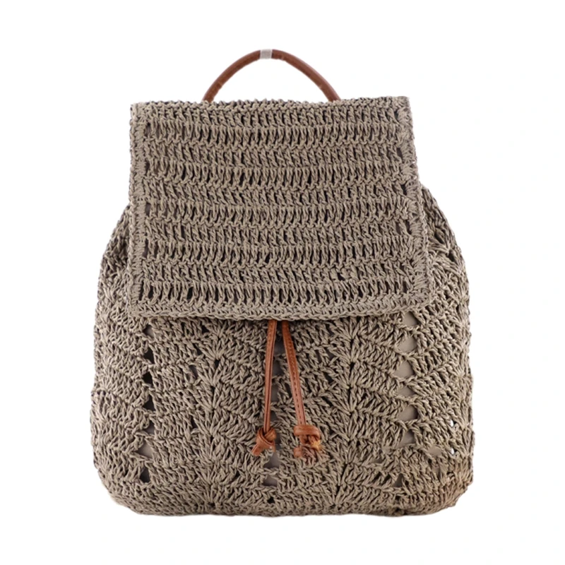 Double Shoulder Straw Bag Backpack Shoulder Bag Beach Woven Handbag for Summer