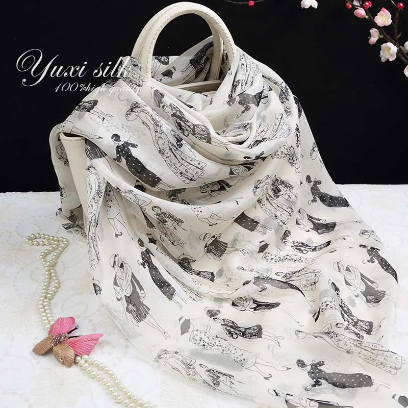

High Quality Black and White 100% Silk Long Scarf Shawl Women's Spring, Autumn Winter Summer