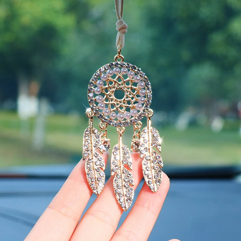 Diamond-encrusted alloy dream catcher car interior pendant rearview mirror accessories