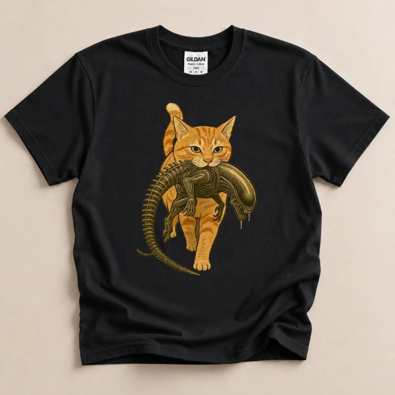 Cat back alien T-shirt, funny sci-fi cat T-shirt,orange tabby cat T-shirt, alien cat pattern T-shirt,horror movie inspired shirt
