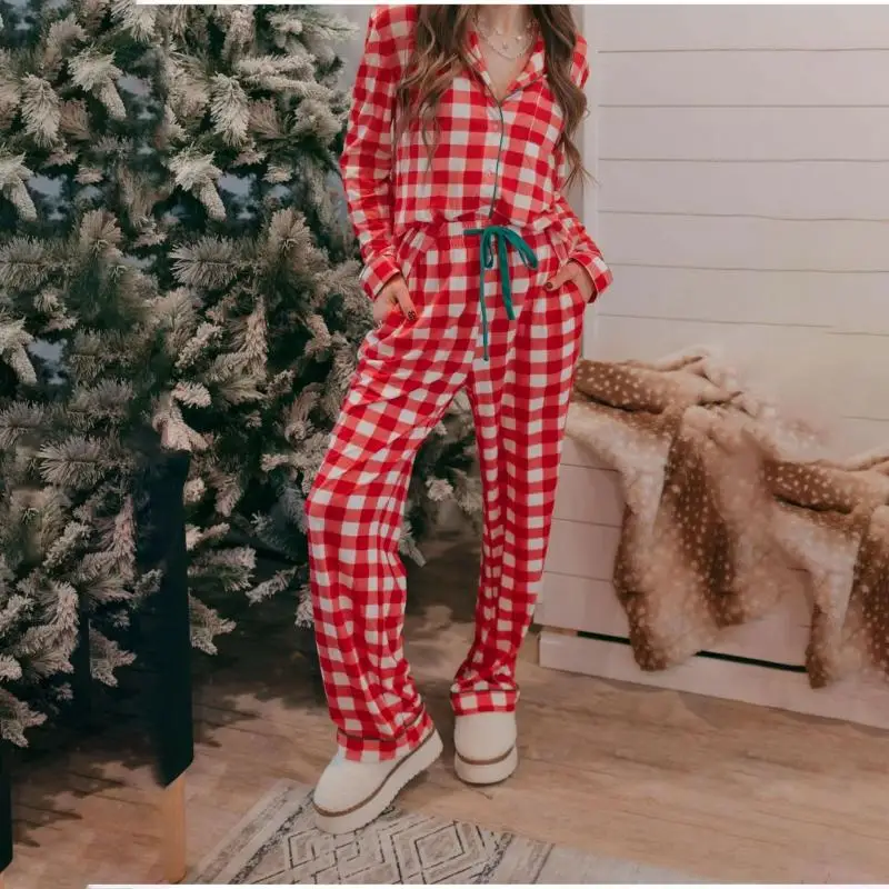 Christmas Green Plaid Pajamas Set Women Long Sleeve Lapel Homewear 2 Pcs Shirt&pants Casual Loungewear Sleepwear Night Suit