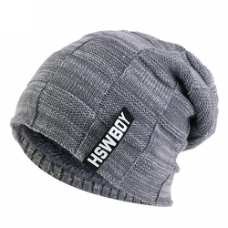 Gorro forrado de felpa para hombre y mujer, gorros de punto con letras, Skullies a cuadros, gris, marrón, negro, vino, rojo, Invierno