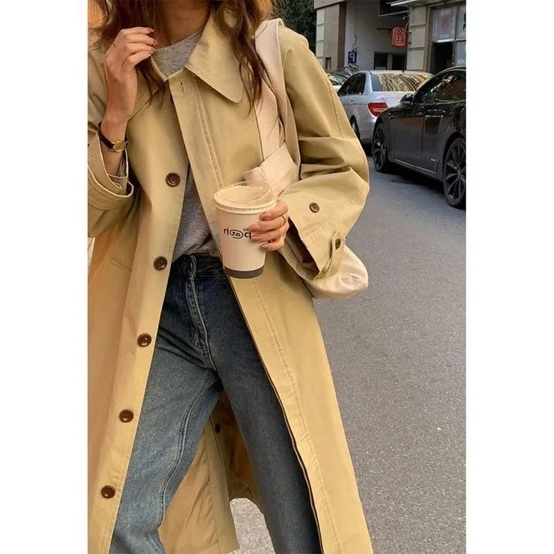 Autumn Winter Women's Fashion Trench Coat New 2024 Single row buckle Female Windbreaker Coats Mid length Khaki Versatile Outwear