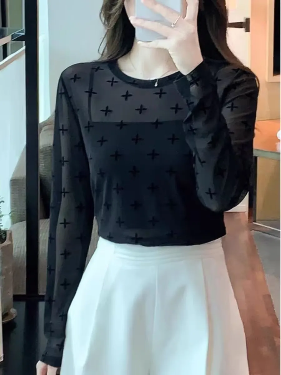 2024 New Arrival Printed Geometric Sweet Trend Velvet Women's T-Shirt Long Sleeves Sunscreen O-neck Mesh Splicing Spring Summer