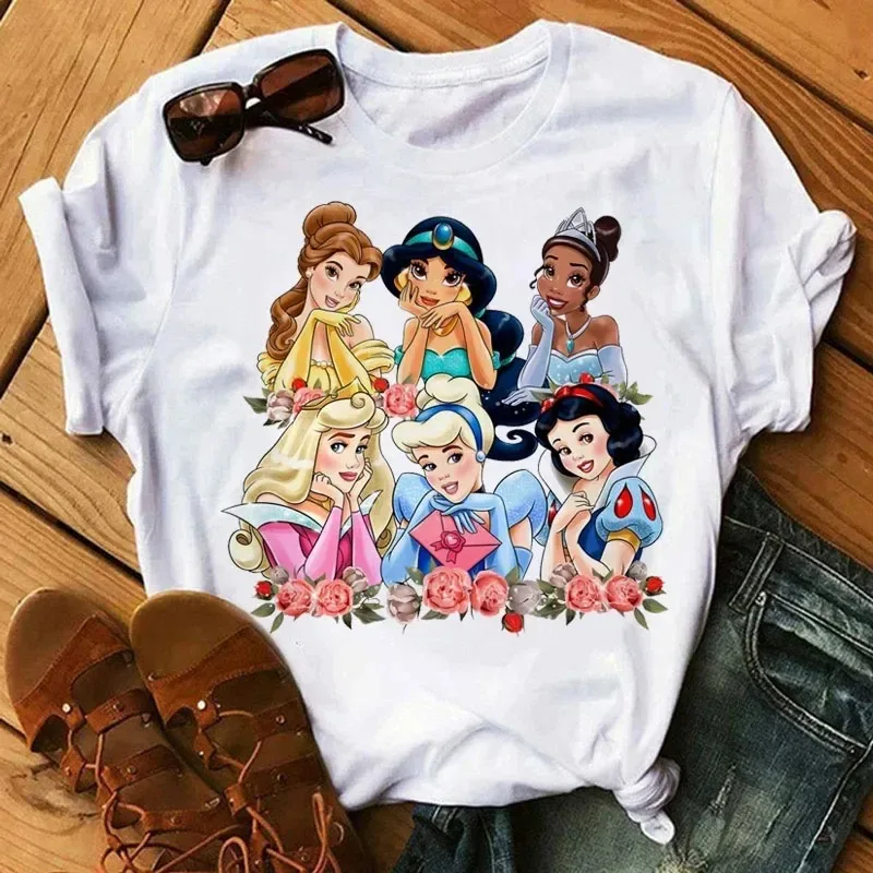 Camiseta Criativa Estampada da Princesa Disney 2026, Nova Coleção de Verão para Mulheres, Tamanho Plus, Estilo Harajuku, Top Casual Solto