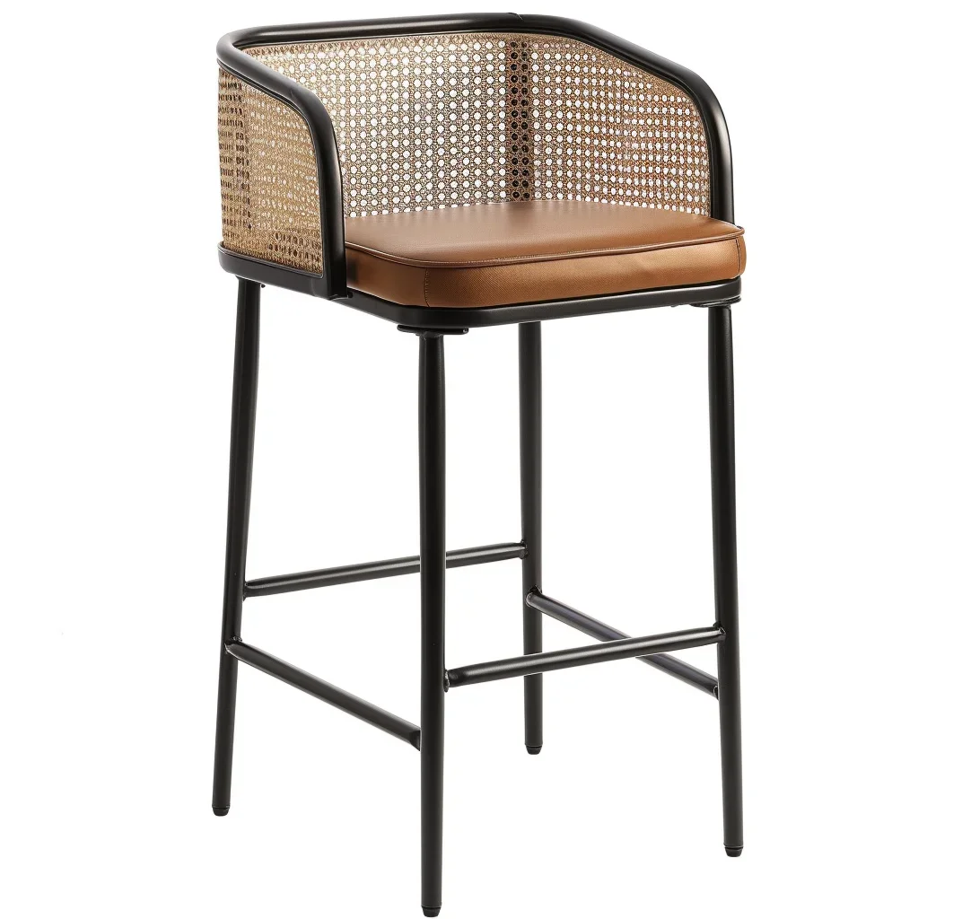 

Outdoor Indoor Metal Leg Rattan Backrest Upholestered Seat Pub Counter Bar Stool High Bar Stools Outdoor