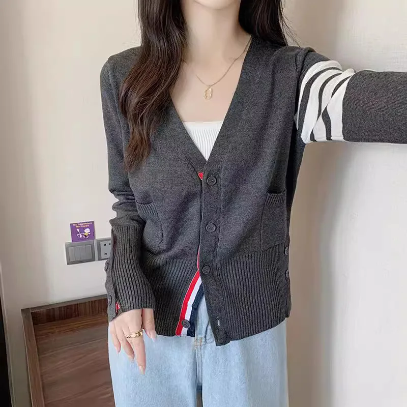 ex سترة مشغولة من الصوف ort ملابس خارجية فضفاضة المرأة Faion ربيع الخريف الكورية Sle V-Ne طويلة Sve سترة مخططة #1