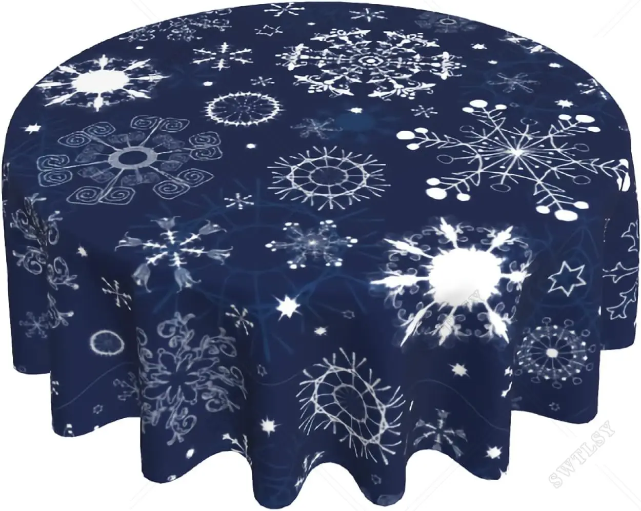 Sweetshow Winter Tablecloth Round Blue White Snowflake Print Christmas Holiday Decorations Decorative Table Cloth