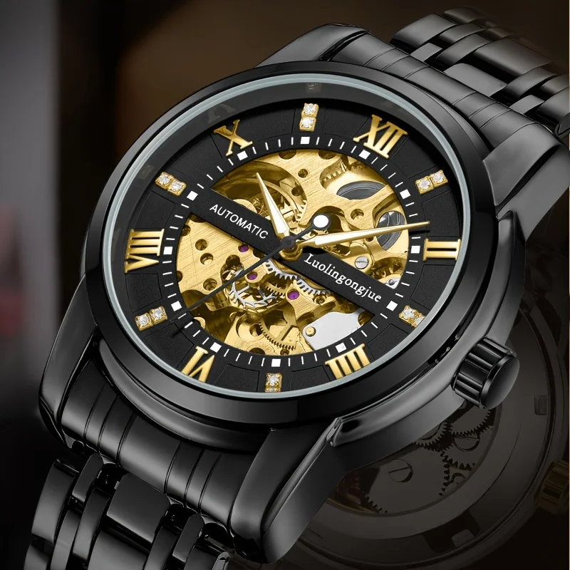 High-End, Luxurious, Casual, Versatile, and Stylish Men's Watch, Fully Automatic Mechanical Watch, Skeleton Design, Stainless Steel Strap, Fashionable Business Accessory Wristwatch, the First Choice for a Gift, Birthday Present, the Best Gift for Him, No Battery Needed.