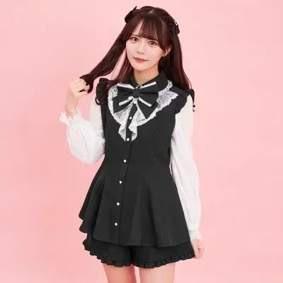 SC Lolita Dress Suit Japanese-Style Mine Slim-Fit Slimming Bow Lace Shirt Shorts Two-Piece Sets Women Rojita Culottes Outfits