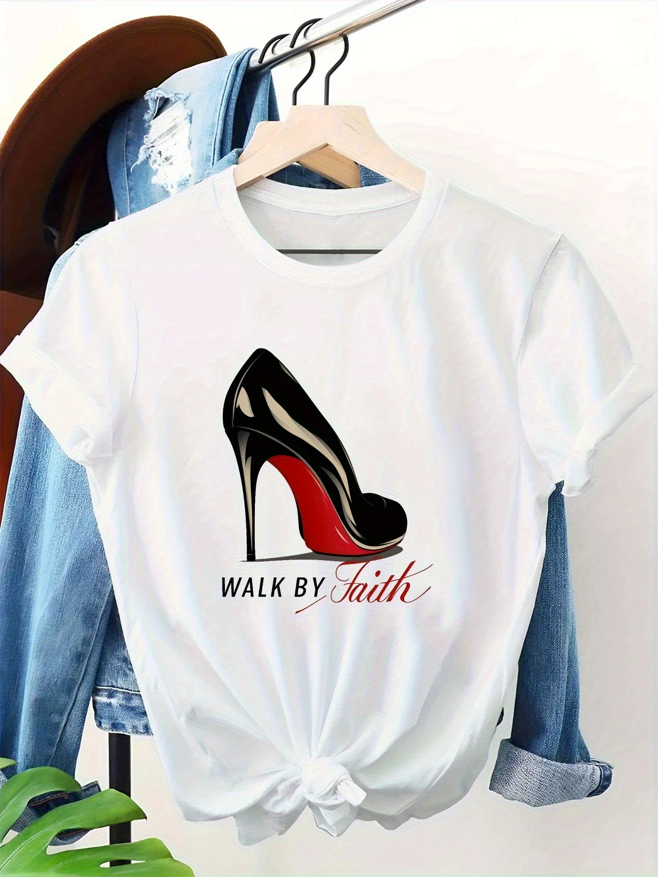 Women's Faith with Walk By Faith High Heel Shoe Print - White Short Sleeve Crew Neck Casual Top Red Cursive Lettering