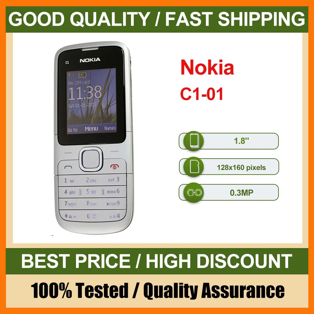 هاتف Nokia C1-01 الأصلي مصنوع في فنلندا يدعم اللغة الإنجليزية بحالة جيدة