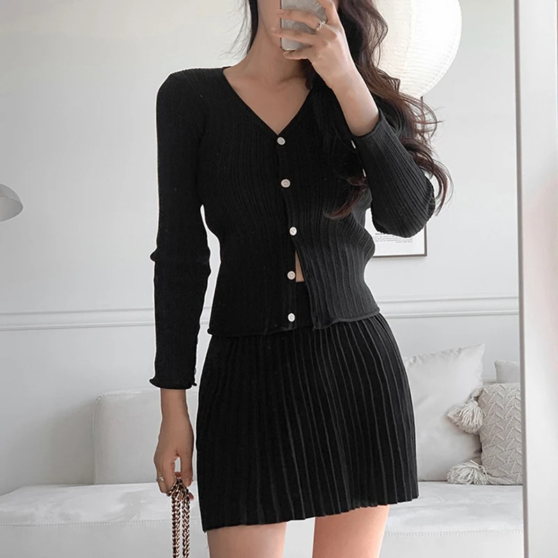 HELIAR Women Casual Knitted 2 Piece Set Single-breasted V-neck Top And High Waist Mini Pleated Skirt Solid Outfits Suit Spring