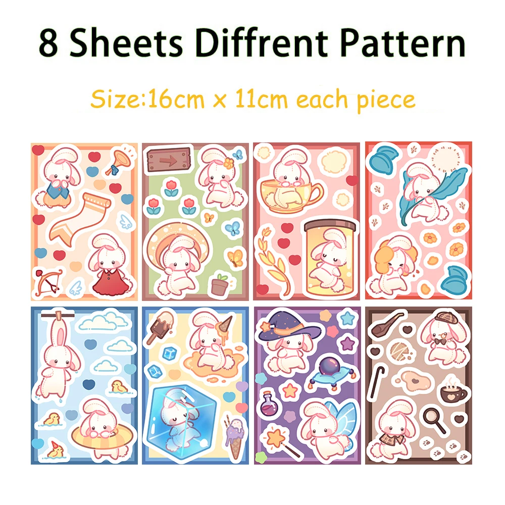 8/16Sheets Kawaii Rabbit Doll Stickers Pack for Kids Cartoon Graffiti Decals Scrapbooking Phone Luggage Laptop Sticker Kids Toys