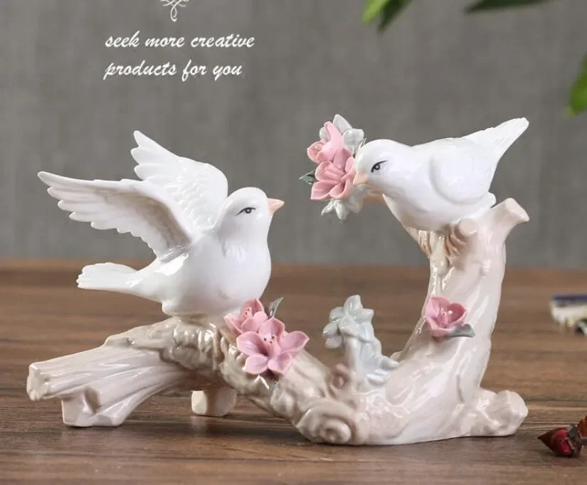 

white ceramic flowers birds lovers statue home decor handicraft ornament crafts room wedding decoration porcelain figurine gift