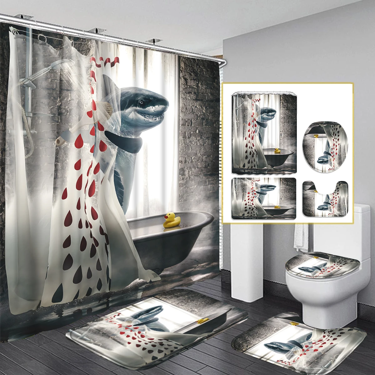 1/4 Piece Shower Curtain Set, Waterproof Bathroom Partition Curtain with Hooks, Anti-Slip Bath Rug, U Shape Mat, Toilet Seat Cov