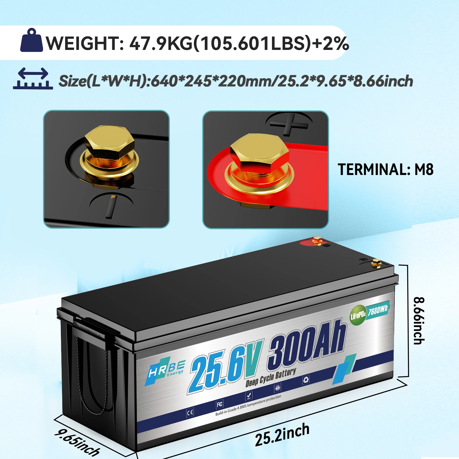 24V 300AH LiFePO4 Battery,7680Wh Rechargeable Lithium Battery Built-in 200A BMS,Perfect for RV,Marine,Trolling Motor,Off-Grid