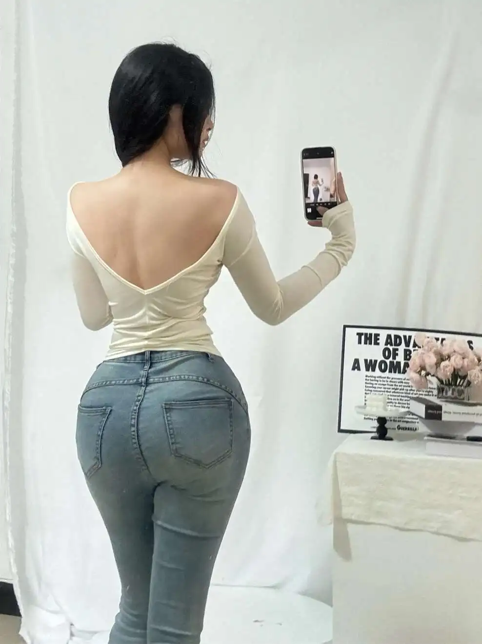 Versione coreana Sexy Big Backless Una spalla Manica lunga Slim T-shirt Donna Temperamento Girocollo Solido Top elastico UN3Q