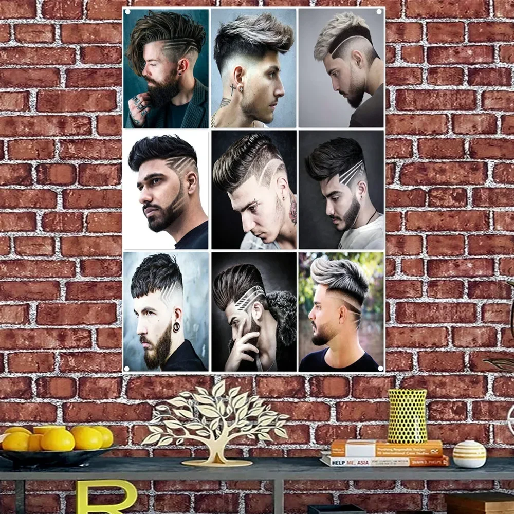 Men's Tattoo Hairstyles Poster Flag with 4 Grommets Custom Hair Salon Hairstyle Design Banner Vintage Barber Shop Signboard 5