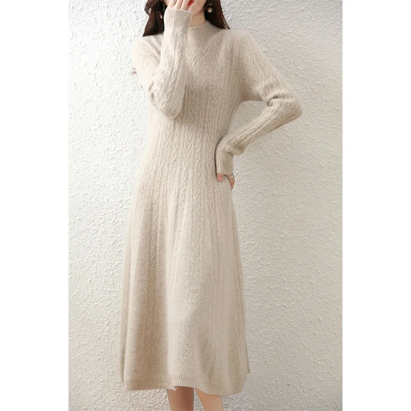 Elegant Fashion Dresses Cashmere Sweater Knitted Long Dress 100% Merino Wool Women Turtleneck Office Skirt Autumn Winter Clothes