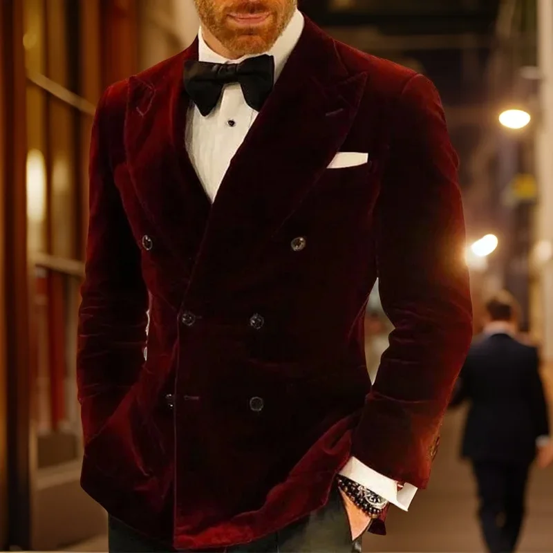 Burgundy Velvet Men Suits Jackets Peak Lapel Blazer High Quality Slim Fit Double-breasted Suits Blazer One Coat S-6XL