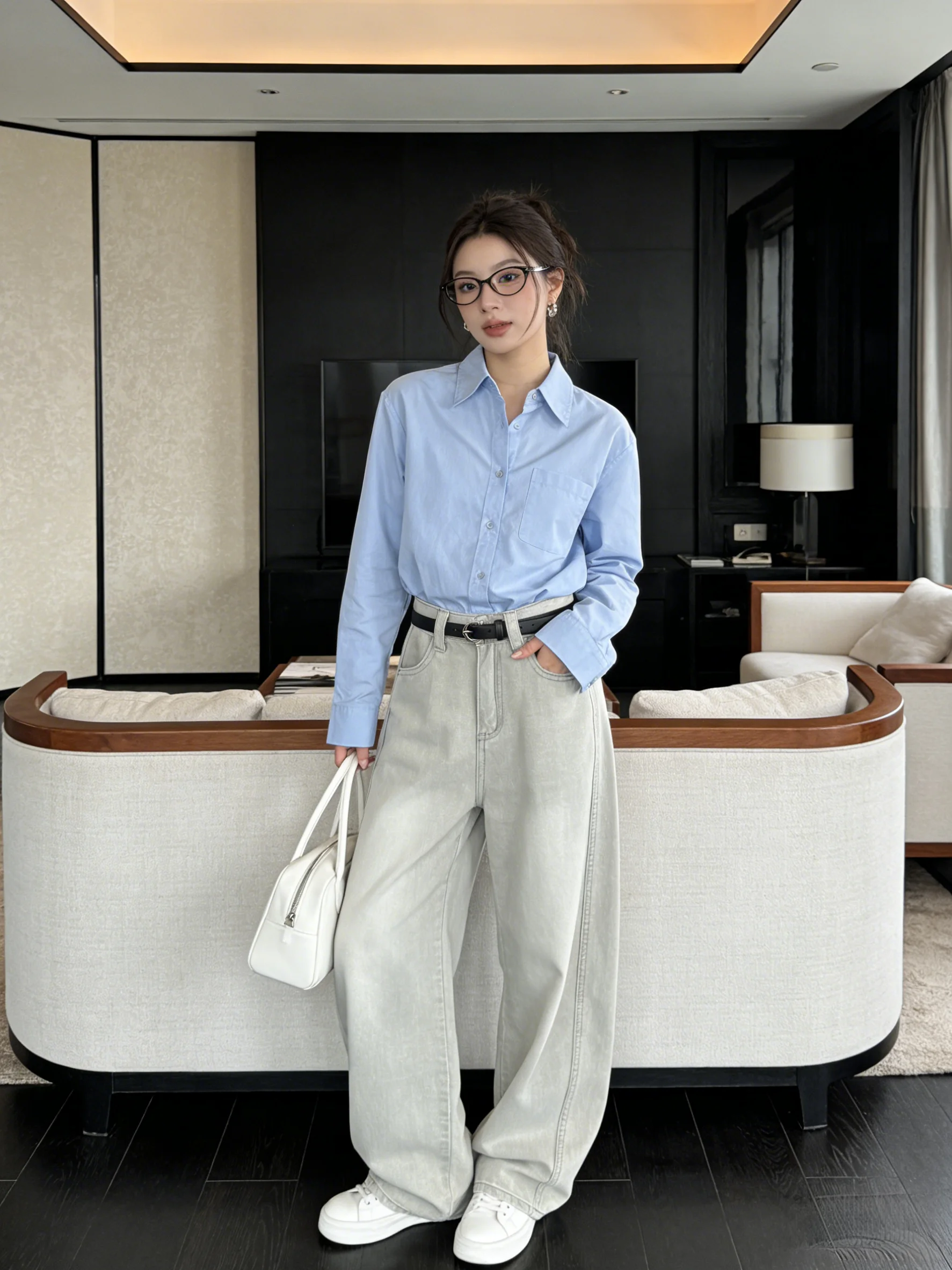 

High Waist Wide Leg Jeans Korean Style Simple Versatile Slimming Light Color Casual Loose Jeans for Women Daily Wear