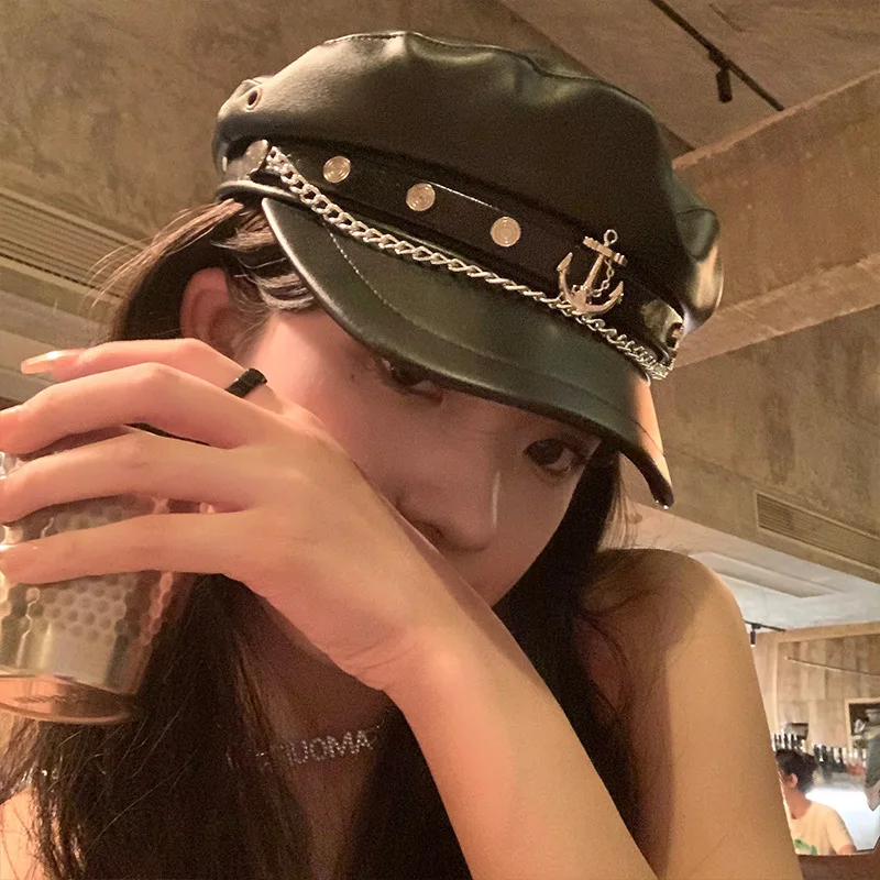 قبعة نسائية عصرية من جلد البولي يوريثان البريطاني القديم - كحلي، محيط الرأس الكبير، متعددة الاستخدامات، تظهر الوجه، نمط المشاهير على الإنترنت