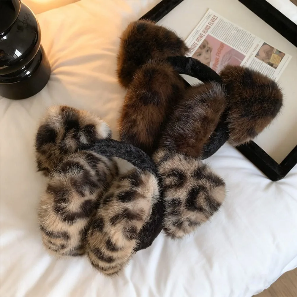 Ear Cap Winter Cat Ears Earmuffs Leopard Folding Imitation Fur Plush Earmuffs Kawaii Y2k Leopard Print Ear Mask Female