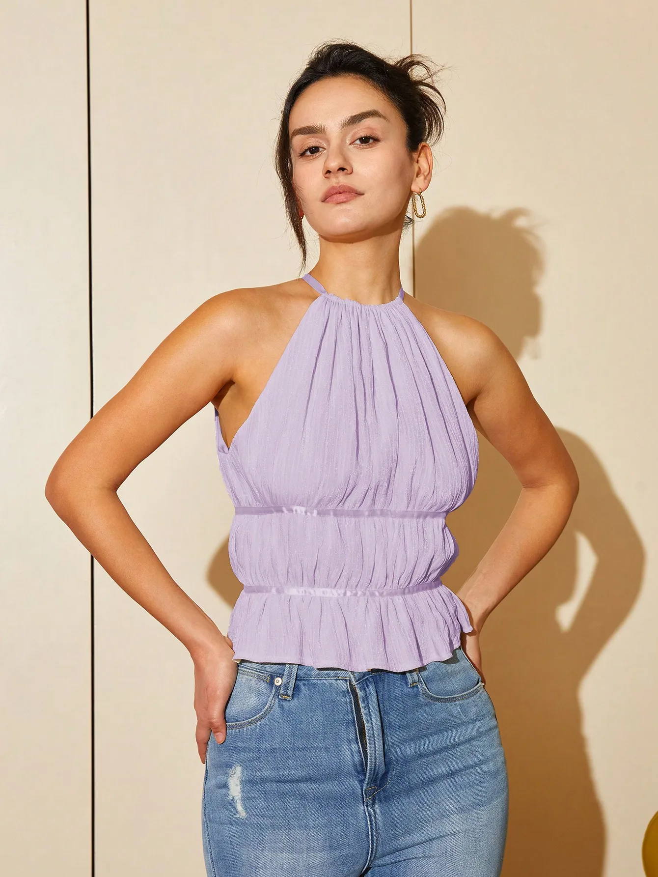 AEL Pure color hang neck tie sling tank top female summer new style sexy lotus leaf edge short style