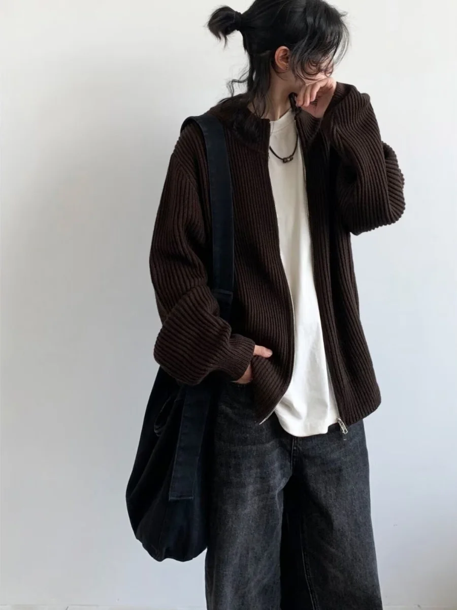 

y Knitted Open Cardigan Men's Outerwear Autumn Winter Lazy Sle Zipper Stand Collar Sweater Japanese Sle